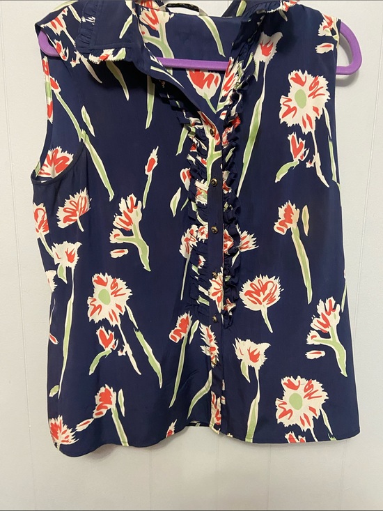 St. John Tops - St. John Sleeveless Floral Ruffle Blouse - Navy/Coral. 94% silk